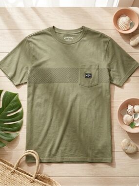 BILLABONG Mens Olive Green Pocket T-Shirt with Textured Horizontal Stripe Detail